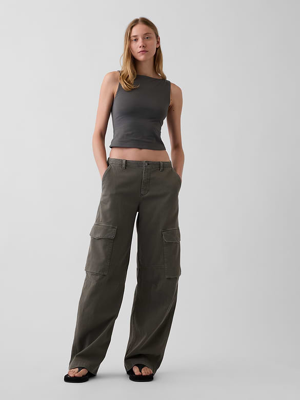 Low Rise Twill Baggy Barrel Cargo Pants