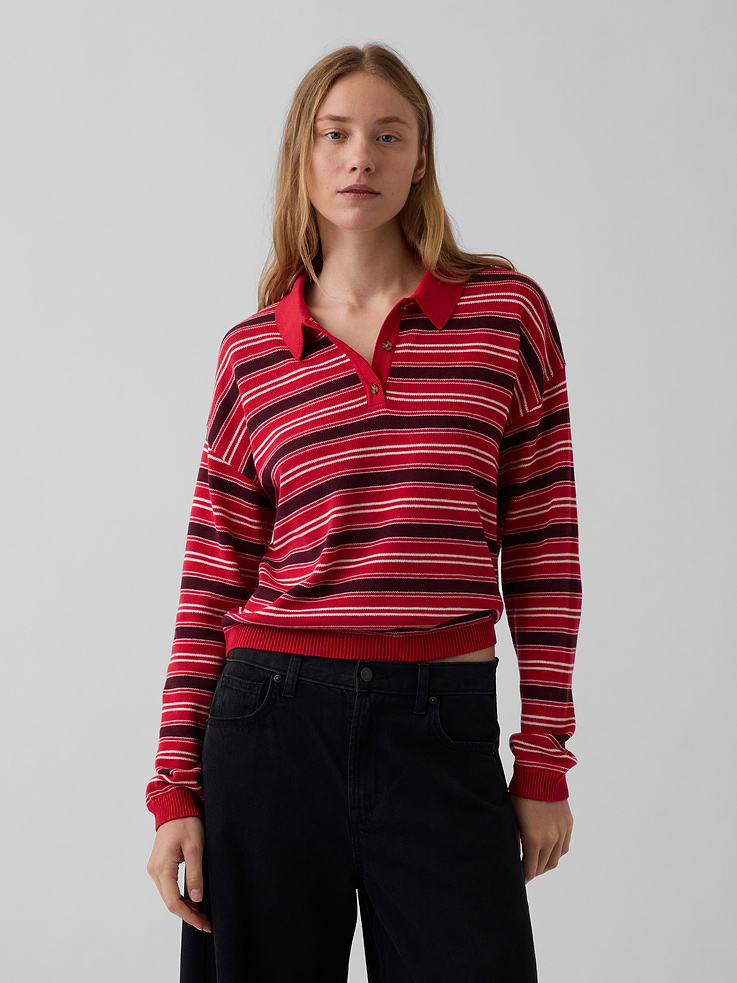 Image number 1 showing, 100% Cotton Relaxed Polo Sweater