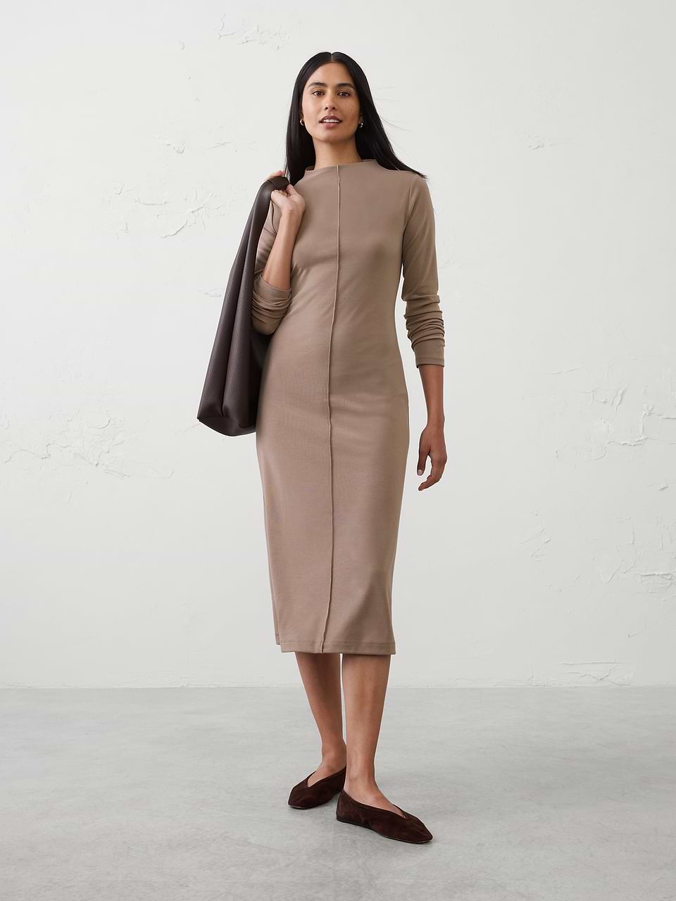 polyester knit dresses Women's Cozy Ribbed Midi Dress Mocha Latte Regular Size L Midi dress