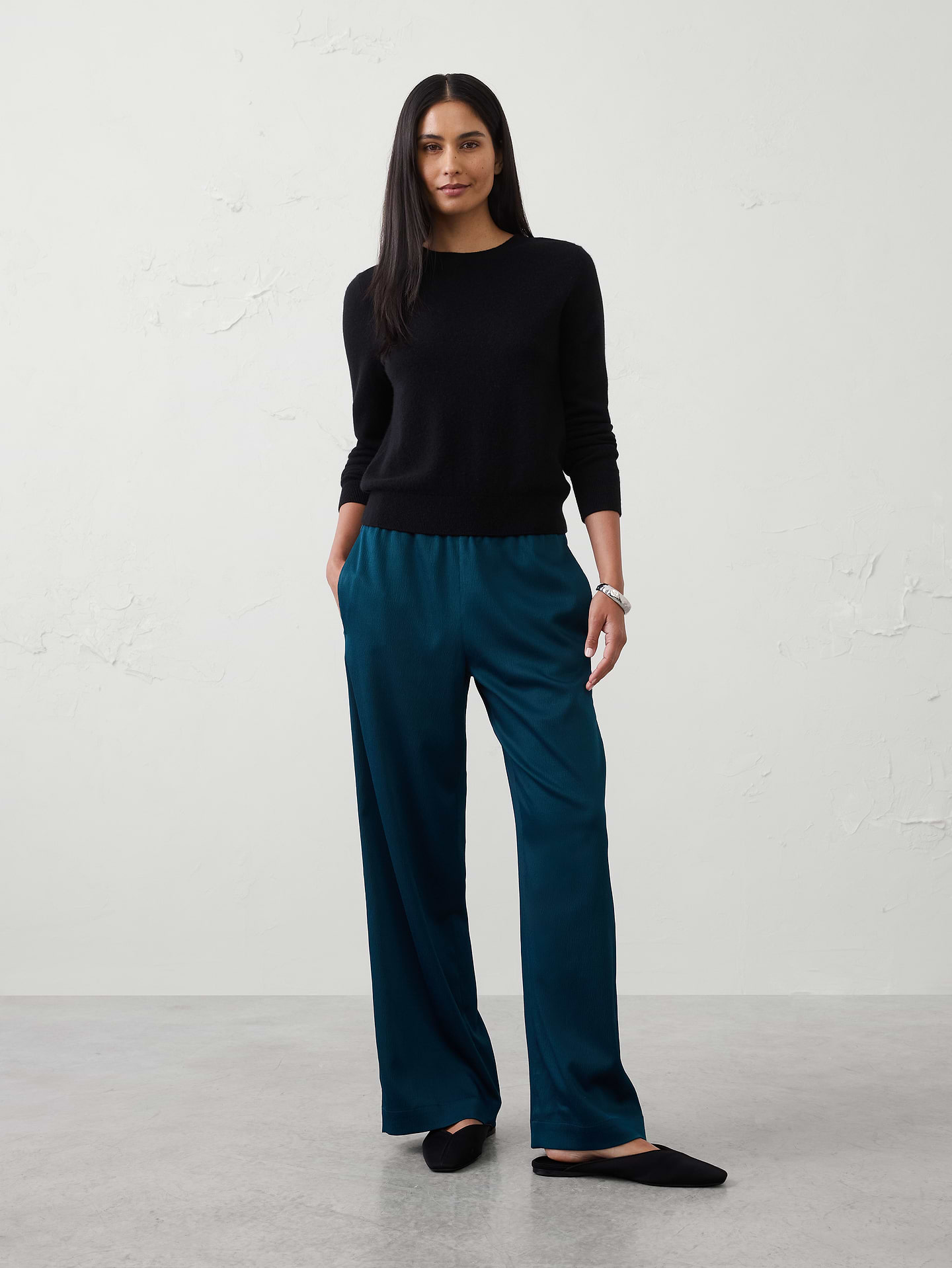 Image number 1 showing, Wide-Leg High-Rise Crinkle Satin Pull-On Pant
