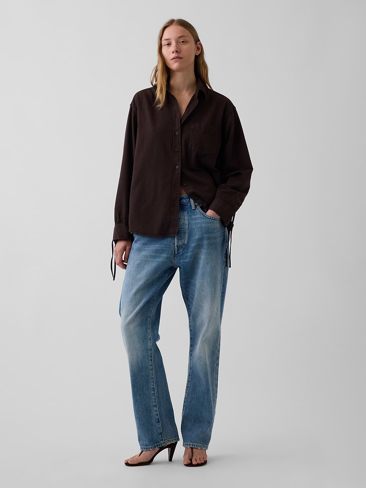 Image number 2 showing, Denim Oversized Ruched-Sleeve Shirt