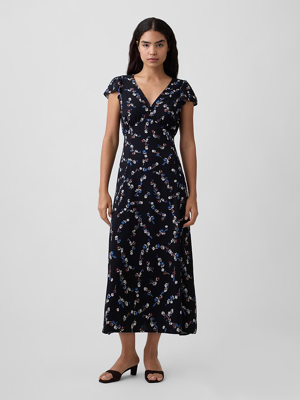 Flutter Sleeve V-Neck Midi Dress
