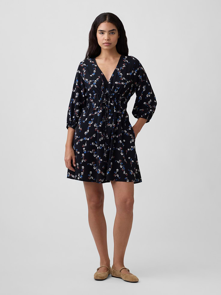 Image 1 of 6, Smooth weave., Dropped shoulder, three-quarter sleeves with elasticized cuffs., V-neck., Drawcord ties and smocking at elasticized waist., Front slant pockets., Select styles have allover print., Product #1179464