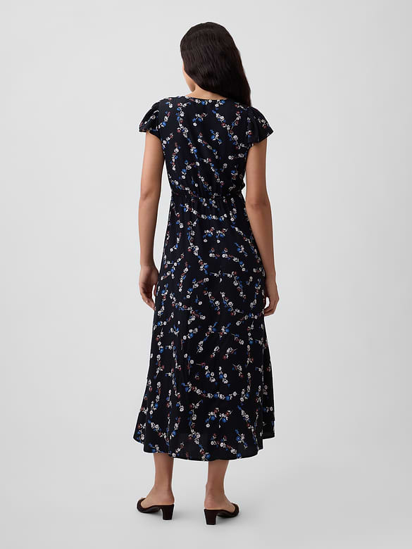 Flutter Sleeve V-Neck Midi Dress