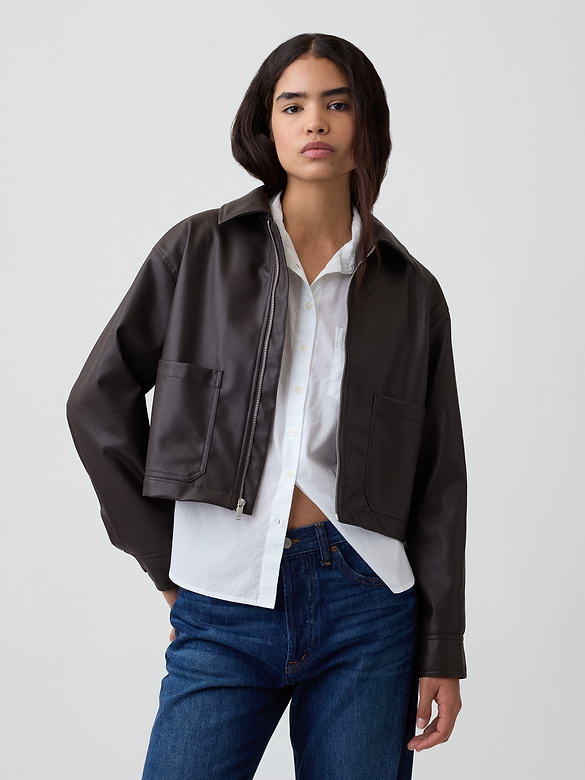 Relaxed Cropped Vegan-Leather Jacket