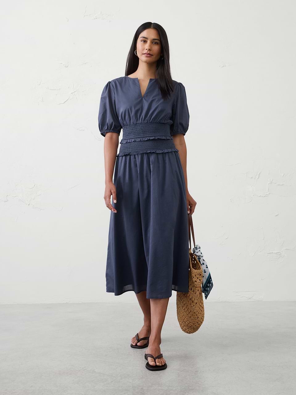 banana republic blue ruffle dress Puff-Sleeve Smocked-Waist Midi Maxi dress