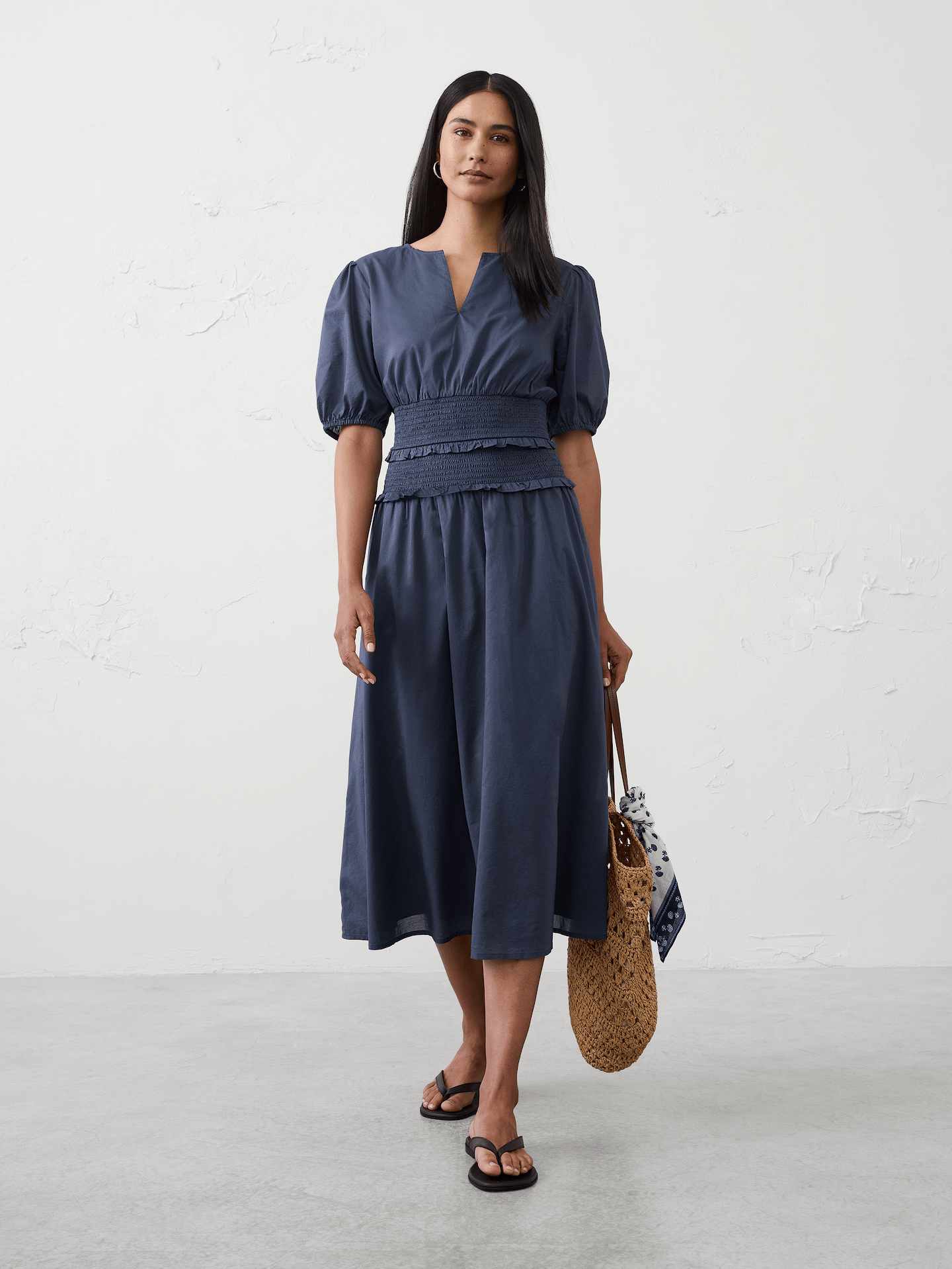 Image number 1 showing, Puff-Sleeve Smocked-Waist Midi Dress