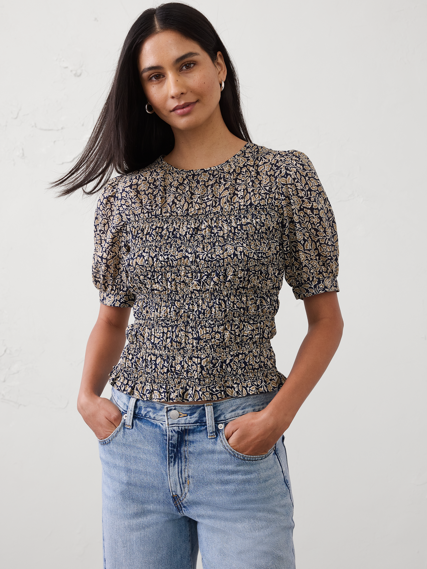 Image number 1 showing, High-Neck Smocked Cropped Top