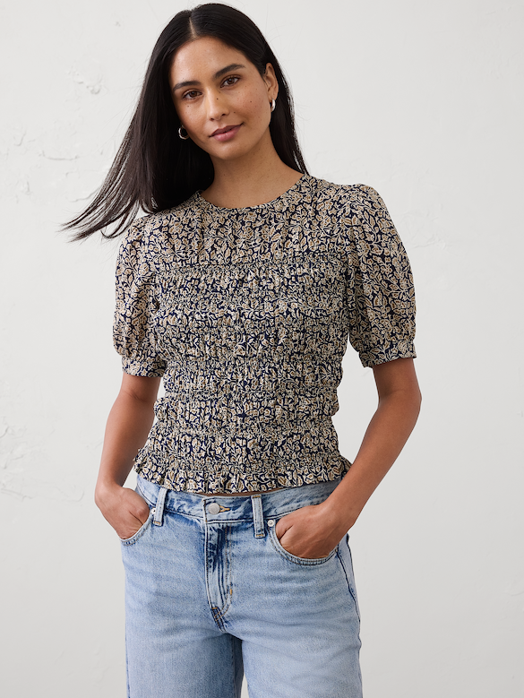 High-Neck Smocked Cropped Top