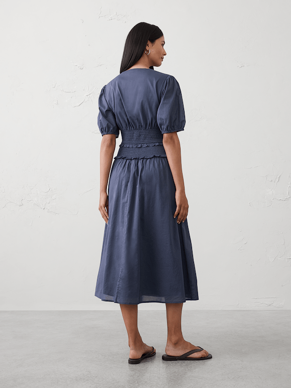 Puff-Sleeve Smocked-Waist Midi Dress