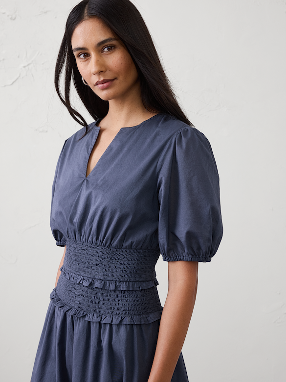 Puff-Sleeve Smocked-Waist Midi Dress