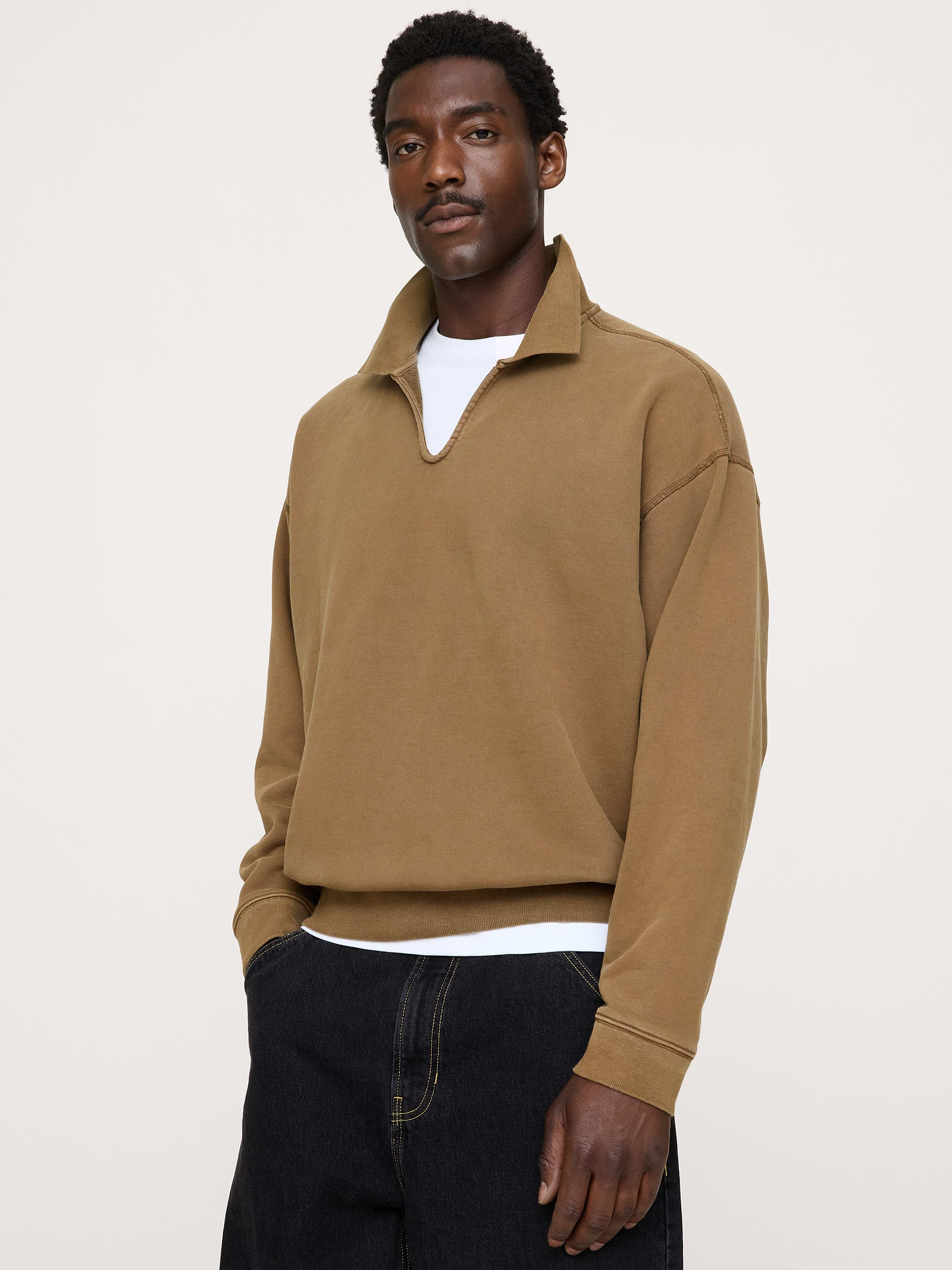 Image 1 of 6, We love French terry for its softness and all-weather weight. Here, our heavyweight popover polo employs a garment wash (for softness and an already-loved color)., Oversized Fit: A roomy fit with dropped shoulder seams., Johnny collar., Straight hem., Product #1179965