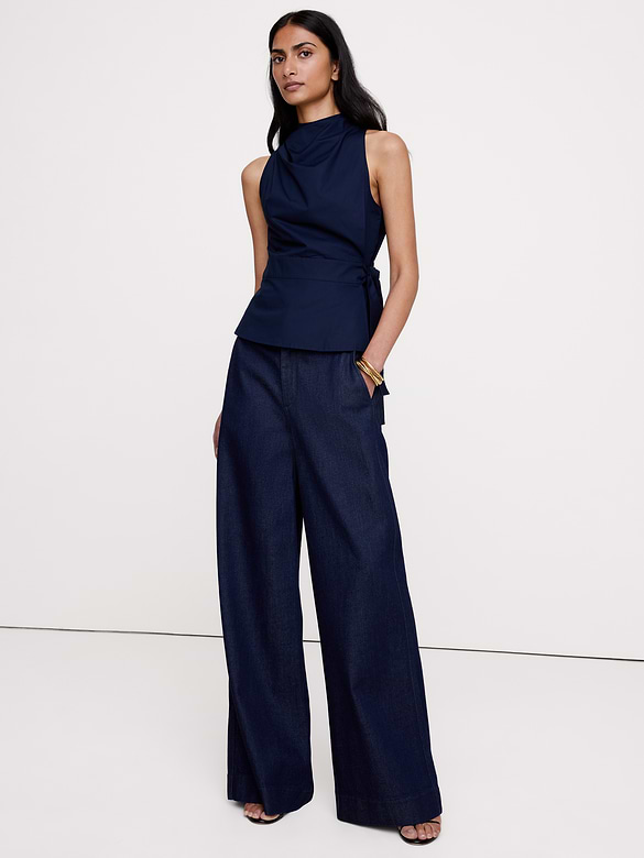 Cotton Poplin Cowl-Neck Tank