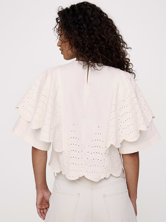 Eyelet Chambray Ruffle-Sleeve Top