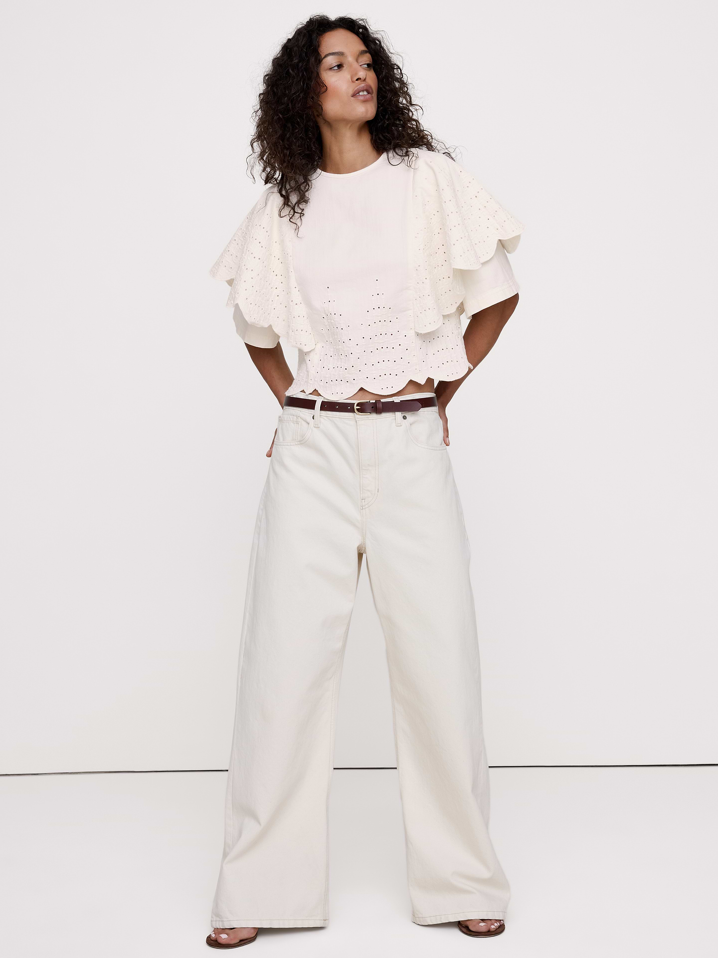 Image number 3 showing, Eyelet Chambray Ruffle-Sleeve Top