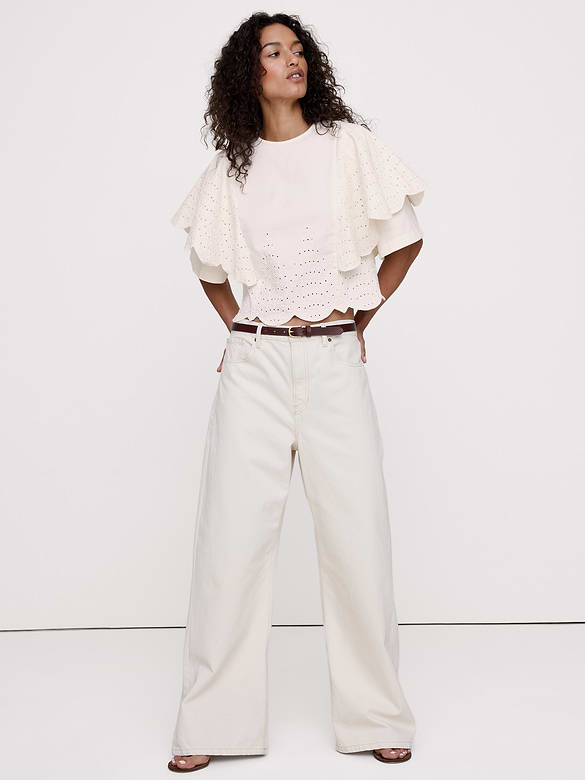 Eyelet Chambray Ruffle-Sleeve Top