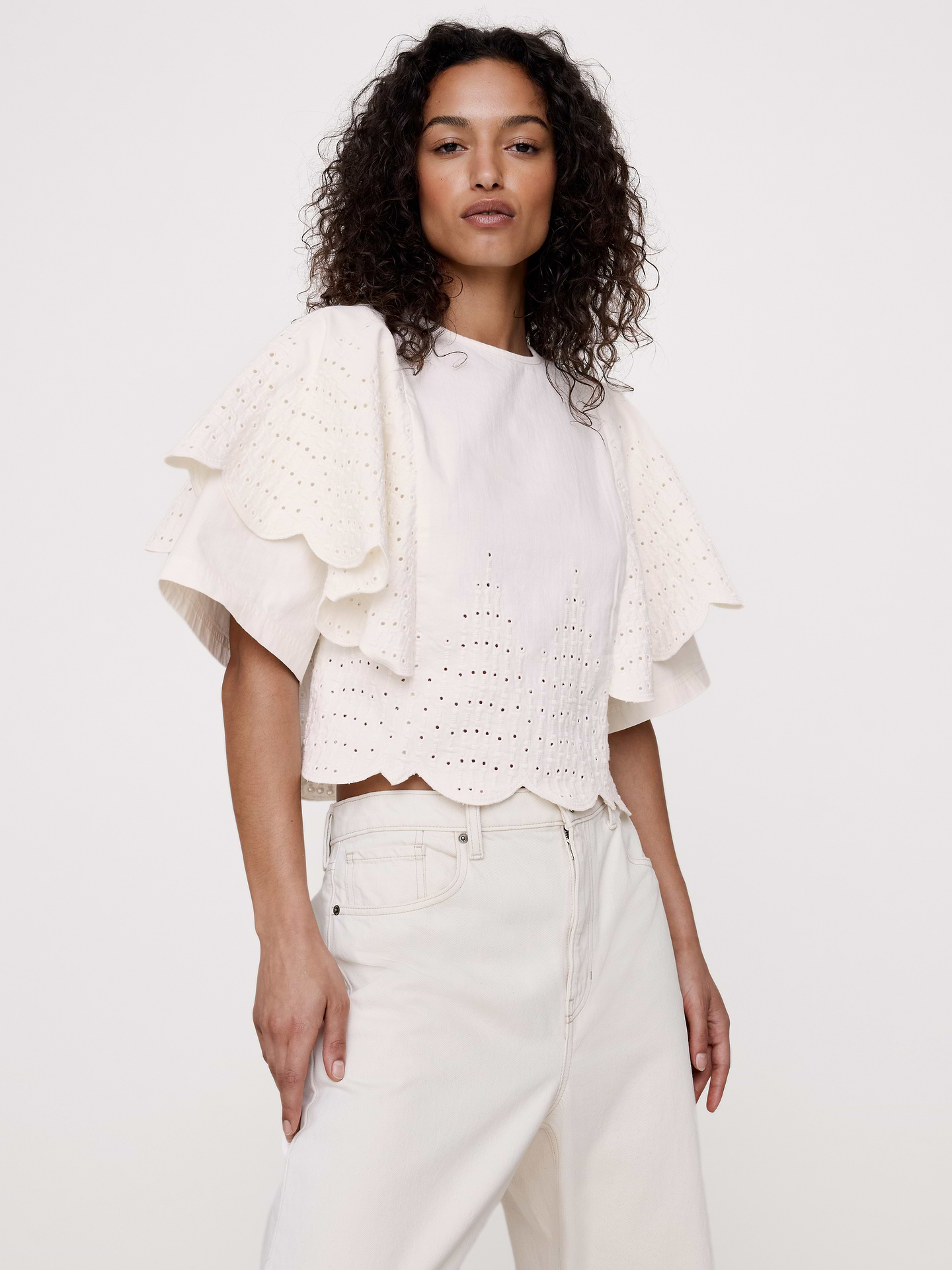 Image number 1 showing, Eyelet Chambray Ruffle-Sleeve Top