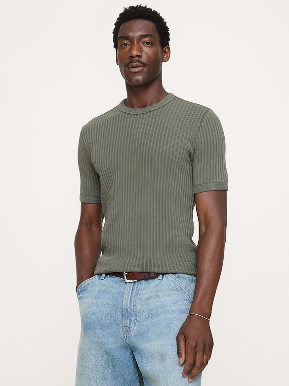T-shirt ras du cou en coton extensible côtelé