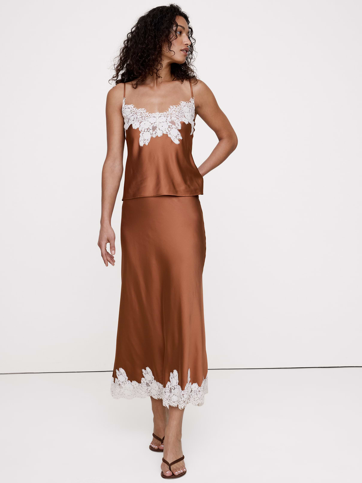Stretch-Satin Lace-Trim Midi Skirt