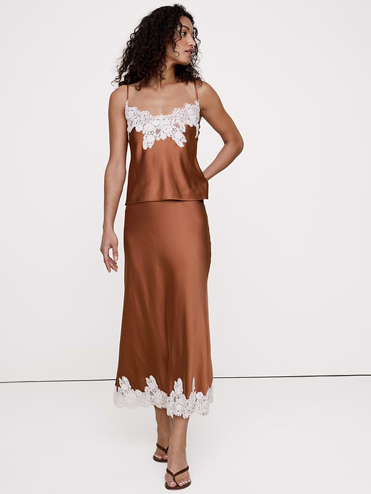 Stretch-Satin Lace-Trim Midi Skirt