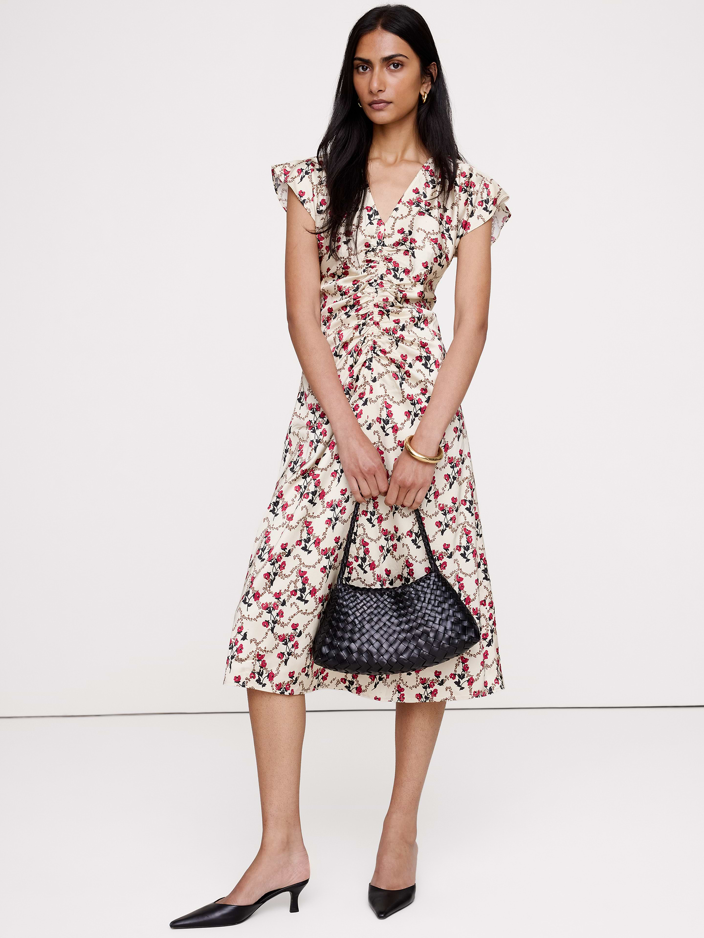 Image number 1 showing, Stretch-Satin Flutter-Sleeve Midi Dress