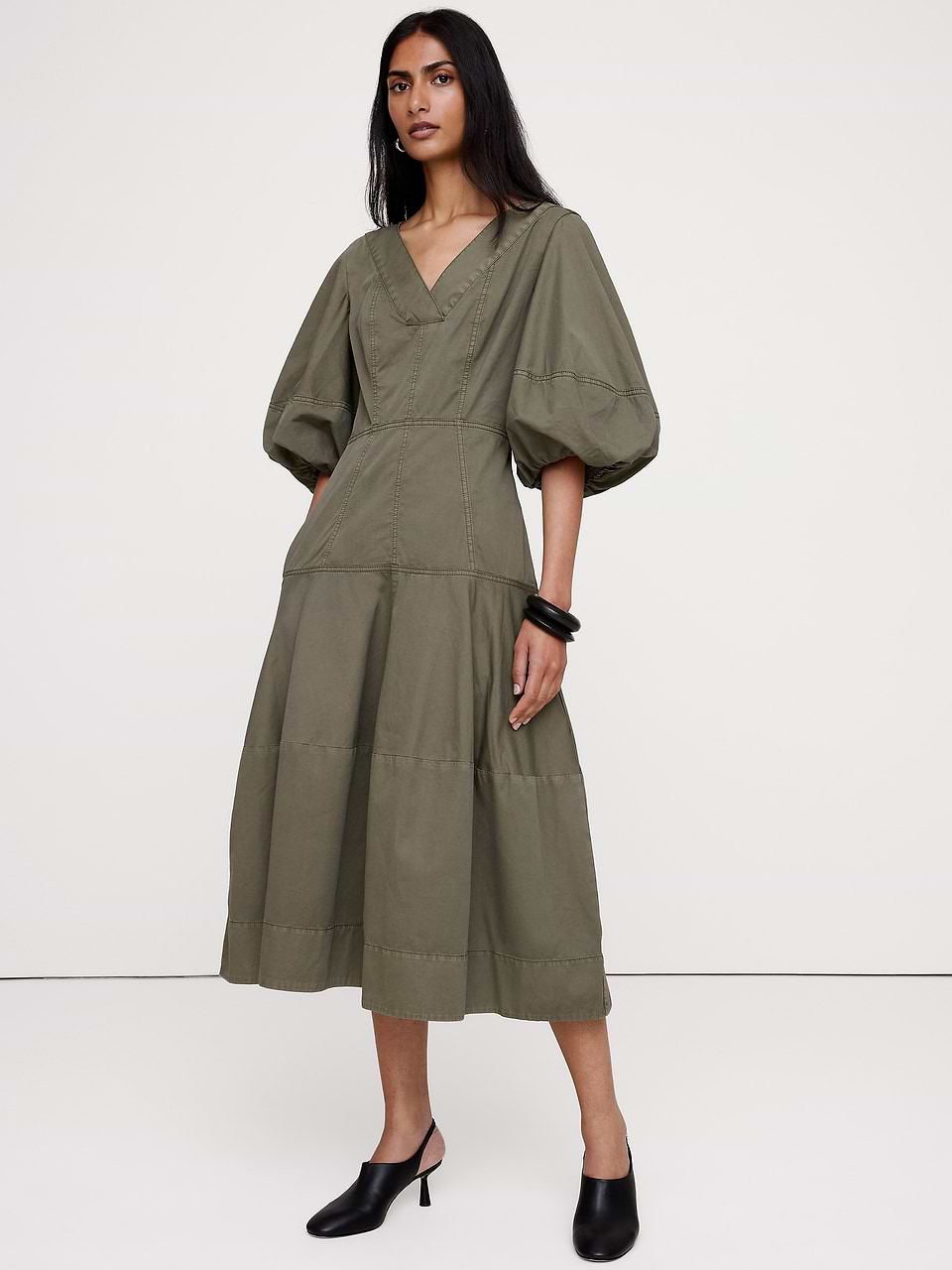 Banana Republic Women's Cotton Twill Barrel Midi Dress Olive Green Petite Size XS