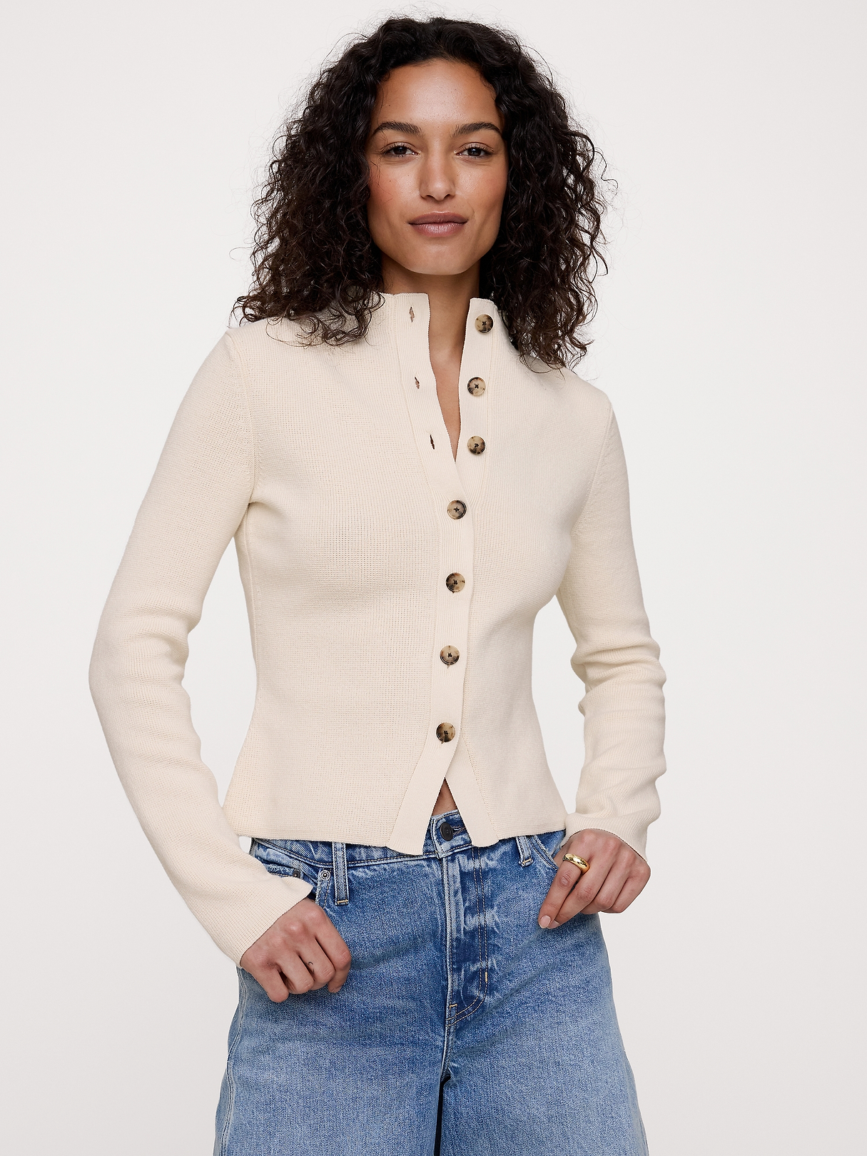 Larkspur Cotton-Silk Mock-Neck Cardigan | Banana Republic