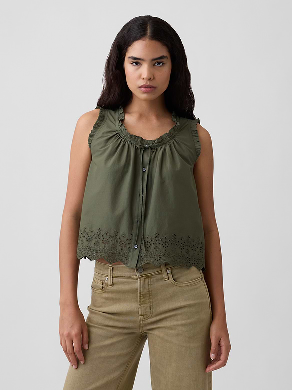 Relaxed Sleeveless Button-Up Top