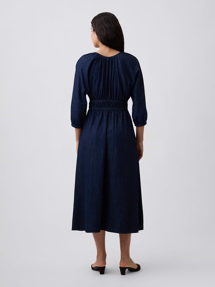 Image 2 of 6, Smocked Denim V-Neck Midi Dress