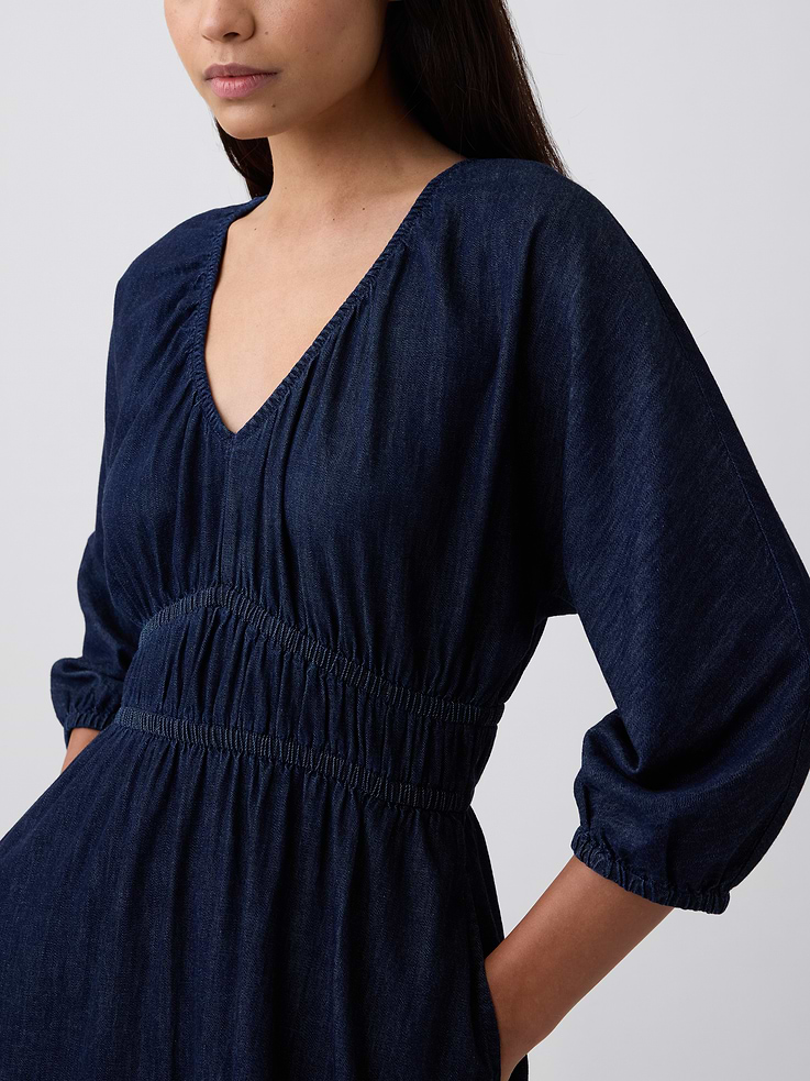 Image 3 of 6, Smocked Denim V-Neck Midi Dress