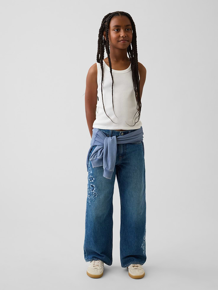 Image number 5 showing, Kids Low Rise Stride Embroidered Floral Wide-Leg Jeans