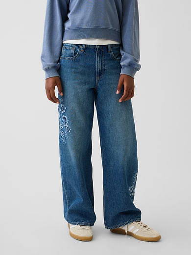 Image number 3 showing, Kids Low Rise Stride Embroidered Floral Wide-Leg Jeans
