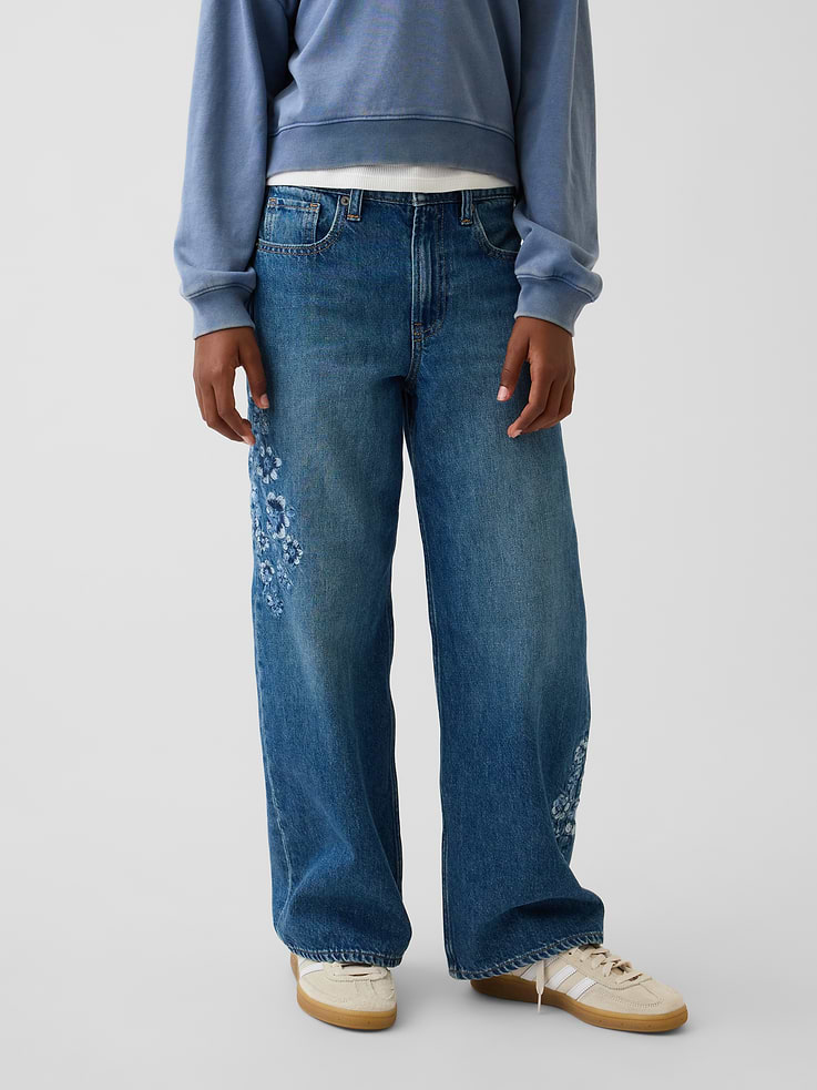 Image number 3 showing, Kids Low Rise Stride Embroidered Floral Wide-Leg Jeans