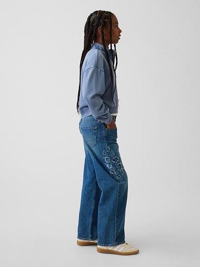 Image number 1 showing, Kids Low Rise Stride Embroidered Floral Wide-Leg Jeans