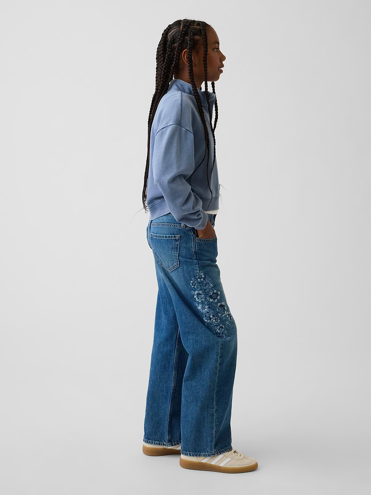 Image number 1 showing, Kids Low Rise Stride Embroidered Floral Wide-Leg Jeans