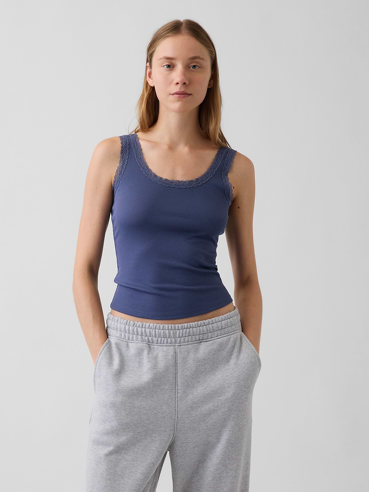 Image number 1 showing, Mini Rib Lace-Trim PJ Tank Top
