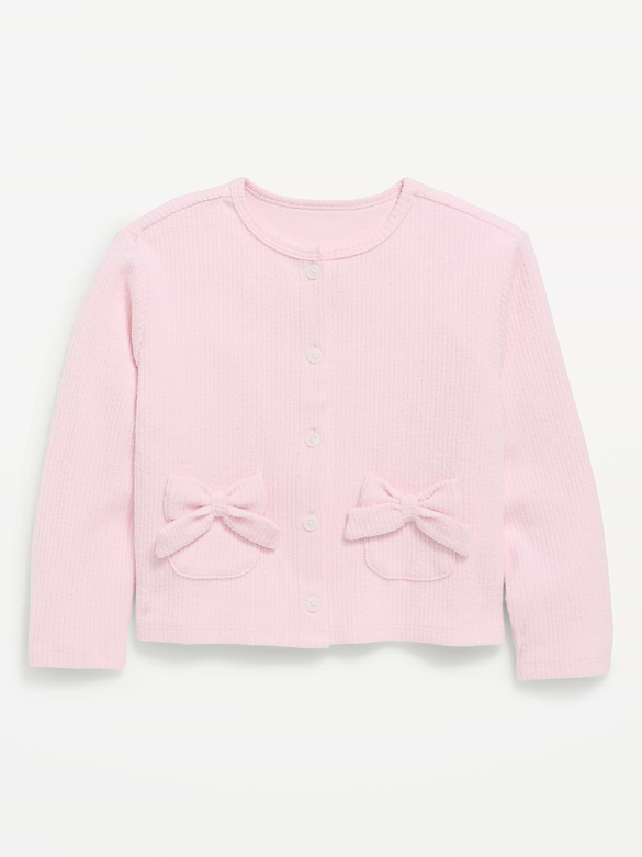 Cozy Ribbed Bow-Pocket Cardigan Sweater for Toddler Girls