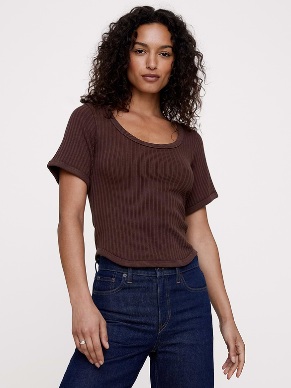 Ribbed Stretch-Cotton Scoop-Neck T-Shirt