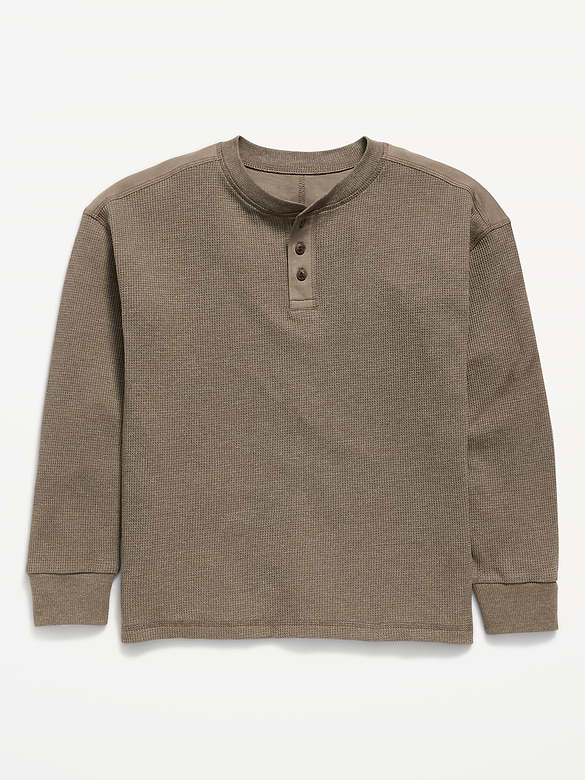Oversized Long-Sleeve Waffle Knit Henley T-Shirt for Boys