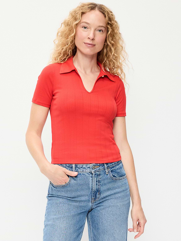 Ribbed Keyhole Polo Top
