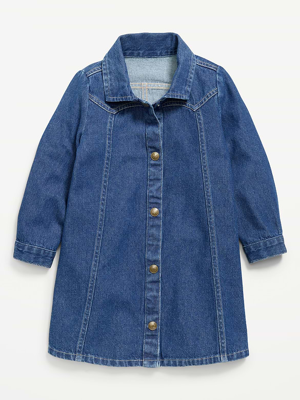 Long-Sleeve Western Denim Shirt Dress for Toddler Girls