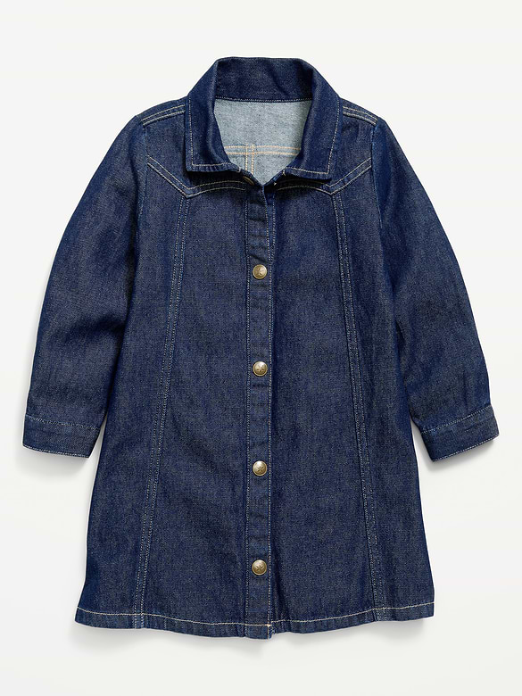 Long-Sleeve Western Denim Shirt Dress for Toddler Girls