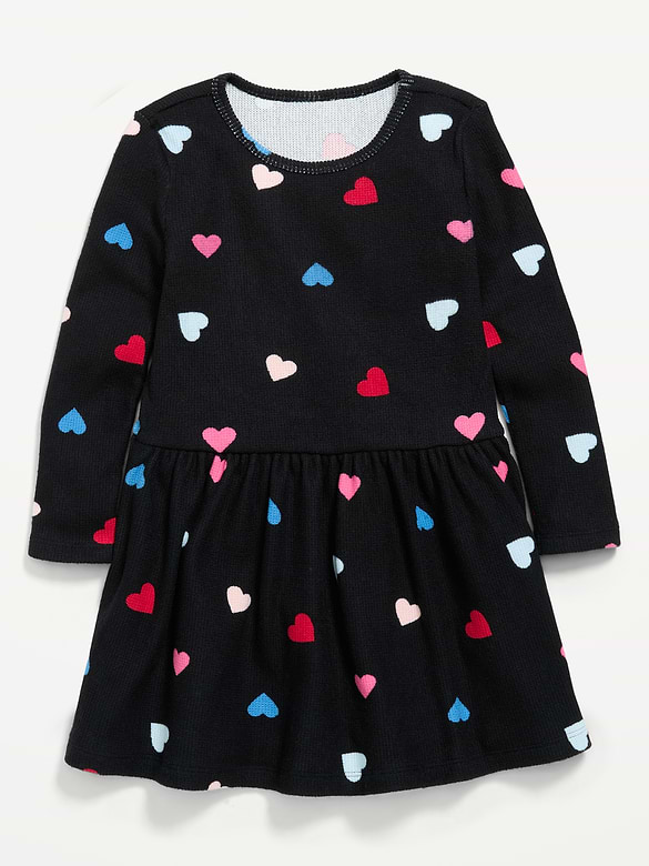Printed Long-Sleeve Waffle Knit Dress for Toddler Girls