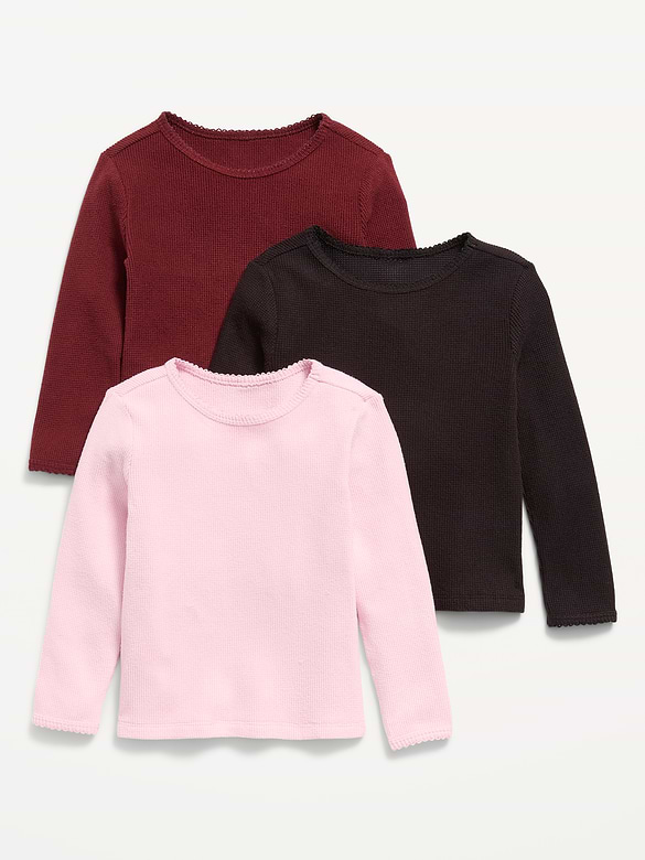 Long-Sleeve Waffle Knit T-Shirt 3-Pack for Toddler Girls