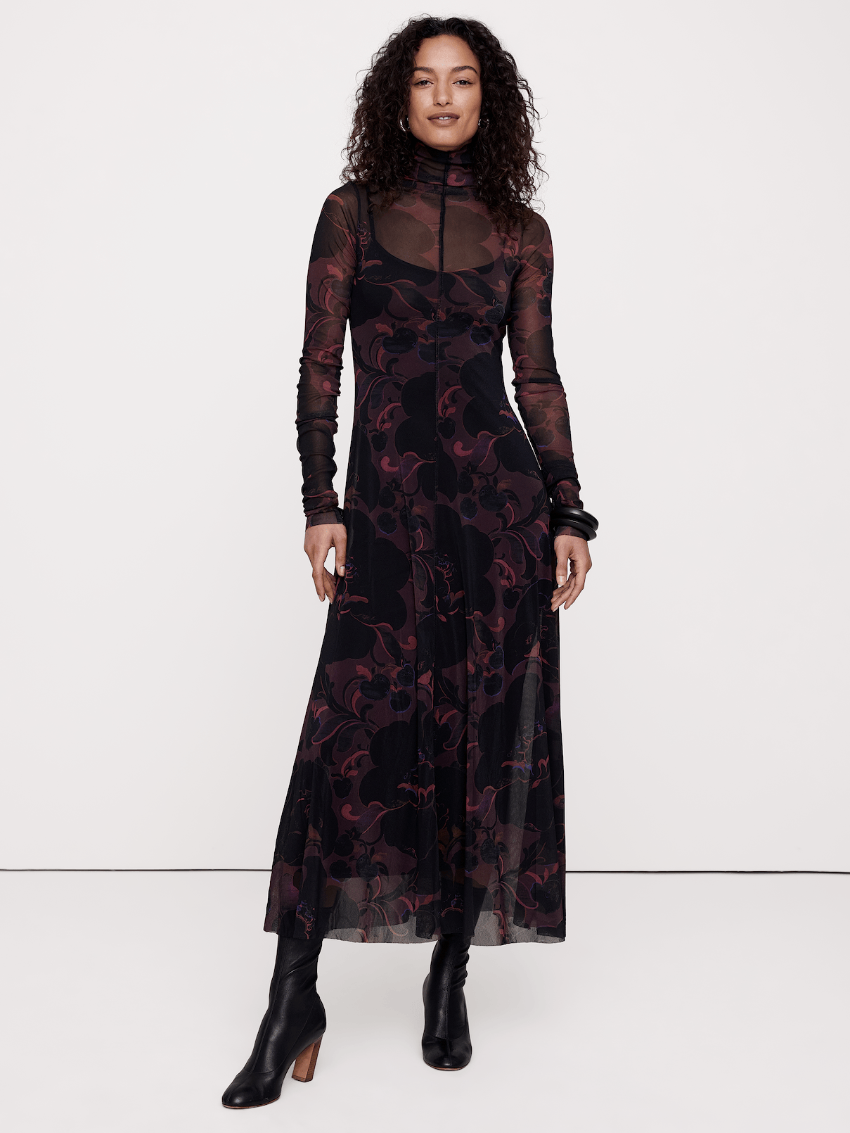 Mesh Long-Sleeve Maxi Dress