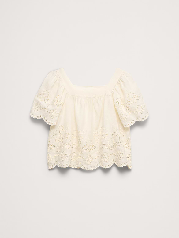 Linen Eyelet Square-Neck Top