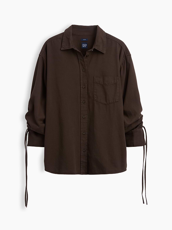 Denim Oversized Ruched-Sleeve Shirt