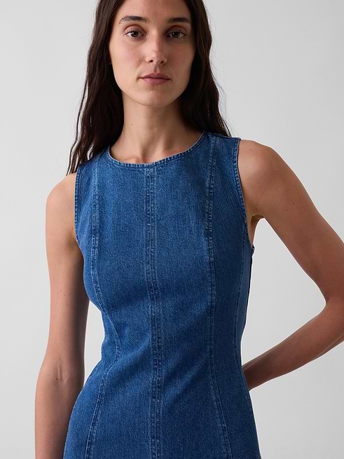 gap denim.dress Seamed Denim Maxi Dress Puff sleeve Wedding Guest Dresses | True Red VM Straight neckline with removable Style:EP00461BD