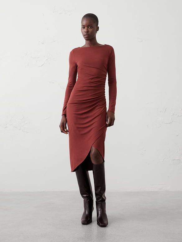 Soft Knit Shirred Midi Dress