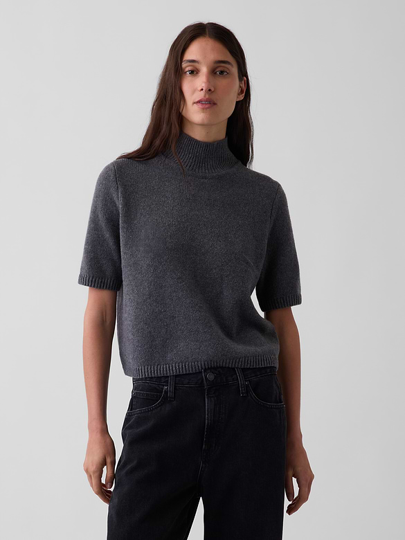 CashSoft Mockneck Elbow-Sleeve Sweater